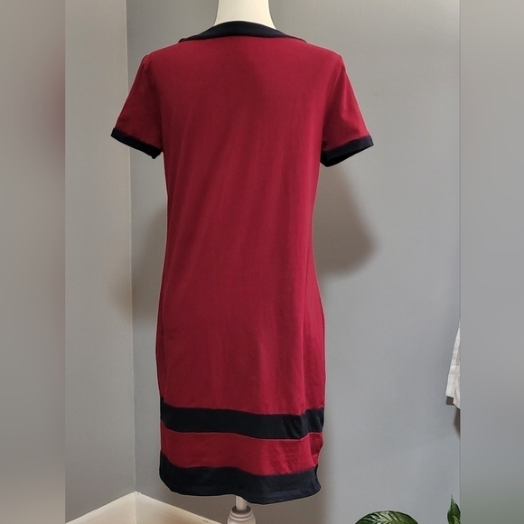Tommy Hilfiger Logo Maroon and Blue Pullover Cotton Slit Neck Dress - Size M - Picture 2 of 6